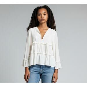 ALEXIS 100% Silk Ivory Tiered Blouse Tie Neck Long Sleeves XS Boho Luxe